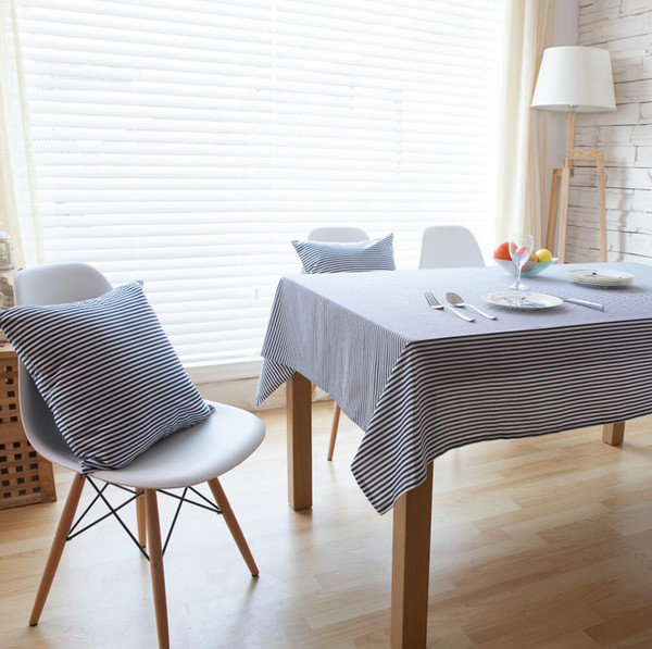 Handmade Blue Stripe Cotton Linen Tablecloth New Home Kitchen Decor Dinner Table Top Cover Wedding Party Table Runner