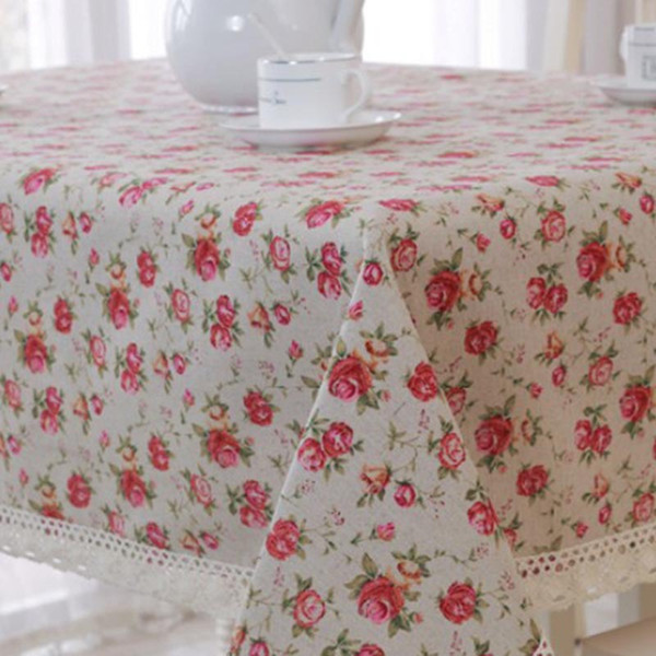 Handmade Red Rose Cotton Linen Tablecloth New Home Kitchen Decor Dinner Table Top Cover Wedding Party Table Runner