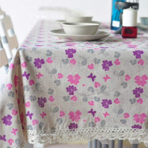 Handmade Vintage Purple Flowers Cotton Linen Tablecloth New Home Kitchen Decor Dinner Table Top Cover Wedding Party Table Runner
