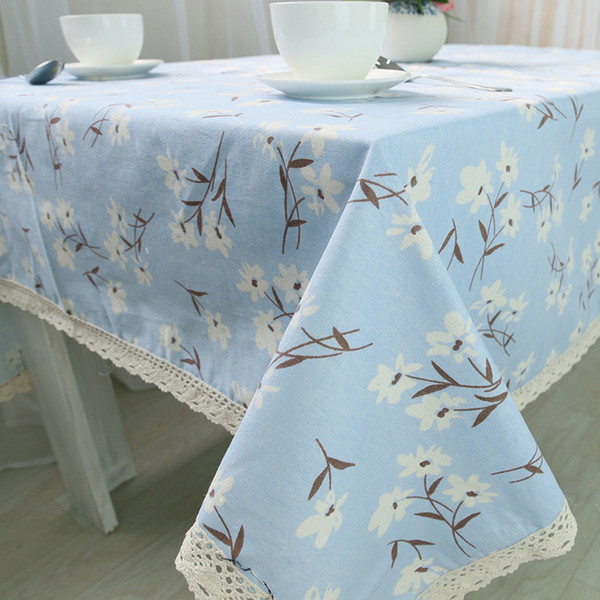 Handmade Blue Flower Cotton Linen Tablecloth New Home Kitchen Decor Dinner Table Top Cover Fresh Life Table Runner