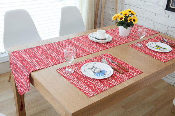 Handmade Red Christmas Deer Cotton Linen Table Runner New Home Kitchen Decor Dinner Table Top Cover Wedding Evening Party Tablecloth