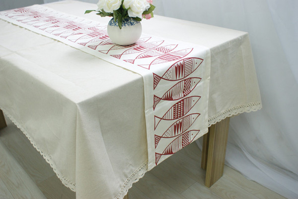 Handmade Big Fish Cotton Linen Table Runner New Home Kitchen Decor Dinner Table Top Cover Wedding Evening Party Tablecloth
