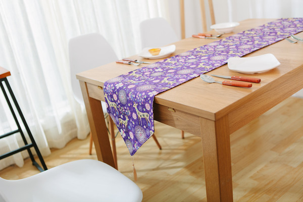 Handmade Purple Christmas Deer Cotton Linen Table Runner New Home Kitchen Decor Dinner Table Top Cover Wedding Evening Party Tablecloth