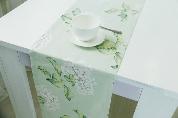 Handmade Green White Flower Cotton Linen Table Runner New Home Kitchen Decor Dinner Table Top Cover Wedding Evening Party Tablecloth
