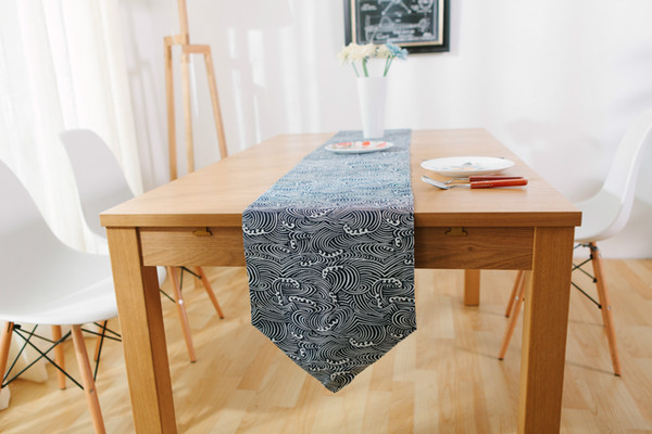 Handmade Blue Mediterranean Wave Cotton Linen Table Runner New Home Kitchen Decor Dinner Table Top Cover Wedding Evening Party Tablecloth