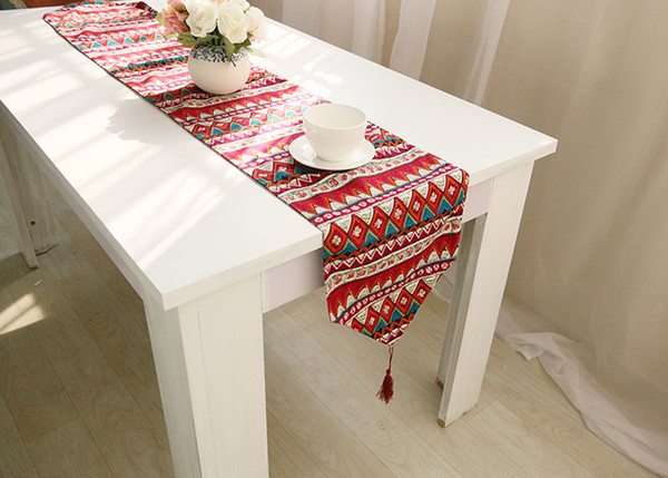 Handmade Red Boho rhombus Cotton Linen Table Runner New Home Kitchen Decor Dinner Table Top Cover Wedding Evening Party Tablecloth