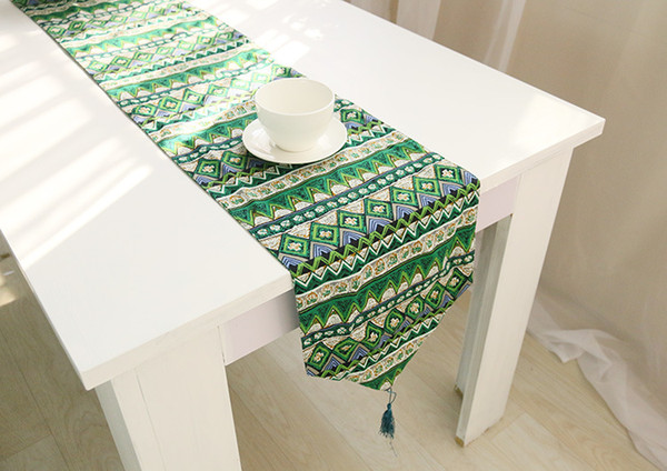 Handmade Green Boho rhombus Cotton Linen Table Runner New Home Kitchen Decor Dinner Table Top Cover Wedding Evening Party Tablecloth