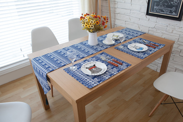 Handmade Blue Elephant Cotton Linen Table Runner New Home Kitchen Decor Dinner Table Top Cover Wedding Evening Party Tablecloth