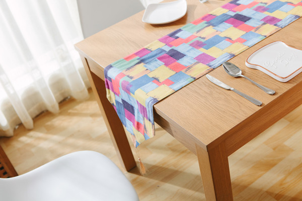 Handmade Boho colorful Grid Cotton Linen Table Runner New Home Kitchen Decor Dinner Table Top Cover Wedding Evening Party Tablecloth