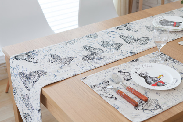 Handmade Black Butterfly Cotton Linen Table Runner New Home Kitchen Decor Dinner Table Top Cover Wedding Evening Party Tablecloth