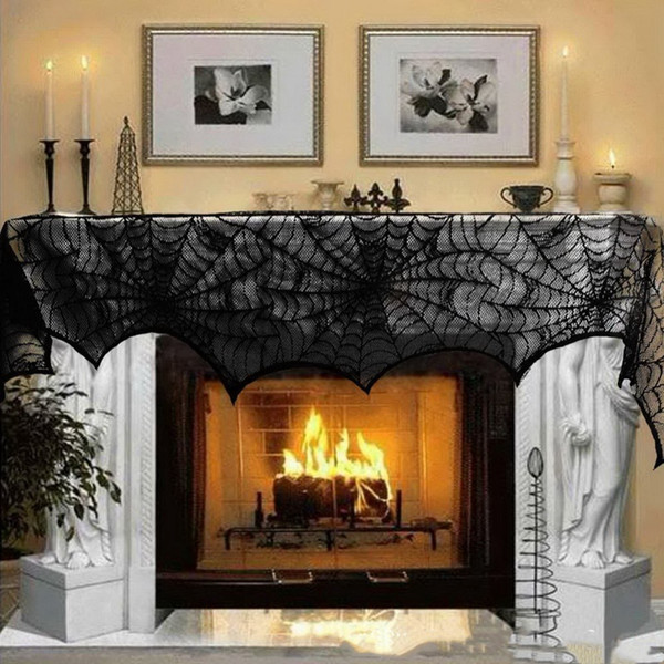 Halloween Party Cobweb Spoof Horrible Black Lace Spider Web Fireplace Scarf Prop For Home Tablecover Decoration 18x96 Inch