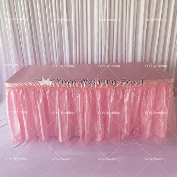 Pink Satin Table Cloth With Tutu Table Skirt Lace Yarn Wedding Party Decoration