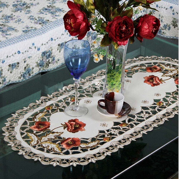 Hot Sale Elegant Polyester Embroidery Table Runner Embroidered Floral Cutwork Table Cloth Linen Covers Runners