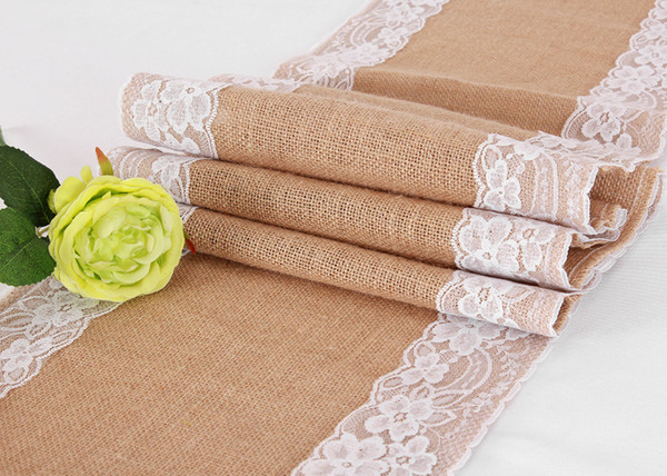 10pcs 30cm*275cm Vintage Burlap Lace Hessian Table Runner Natural Jute Country Wedding Banquet Party Home Decoration