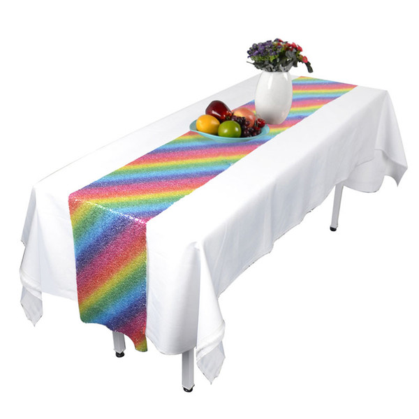 Rainbow Sequins Table Runner Glitter Table Flag Decorations for Wedding Birthday Baby Shower Party Supplies QW8496