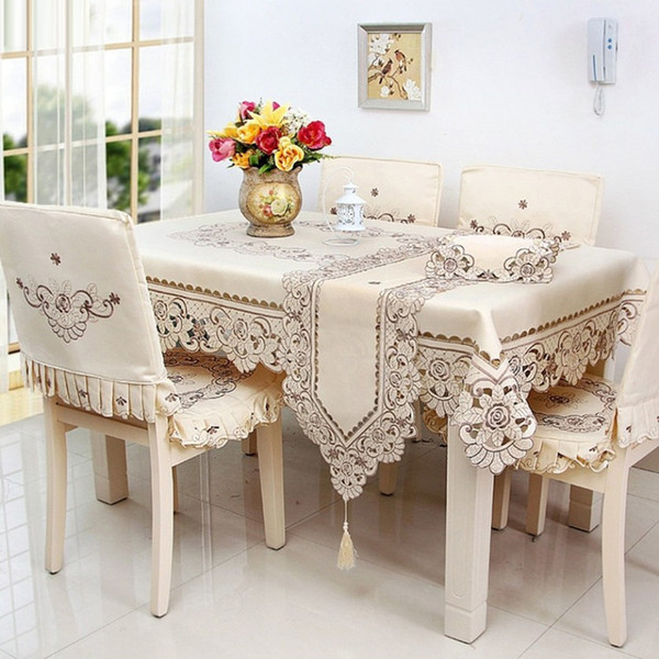 Europe Polyester Satin Jacquard Embroidery Flower Floral Tablecloth Solid Color Embroidered Table Linen Cloth towel Cover