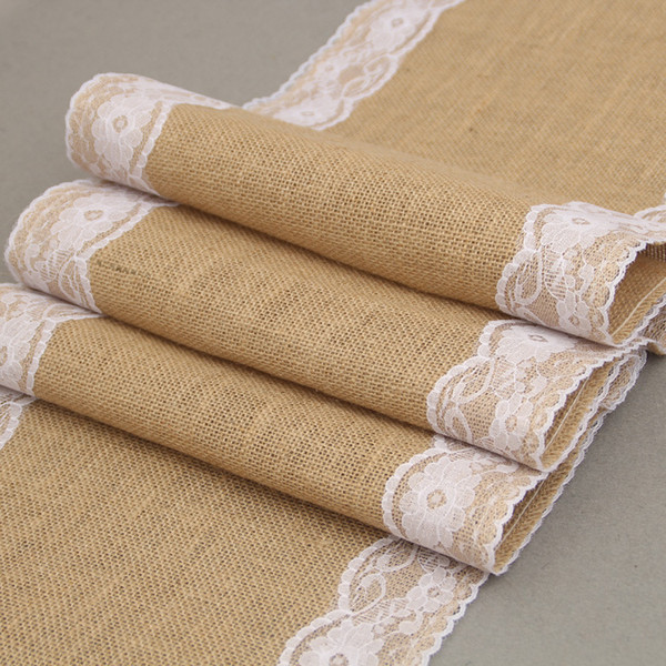 275cm Vintage White Christmas Lace Jute Linen Hessian Burlap Country Event Party Supplies Wedding Decoration Table Cloth Runner