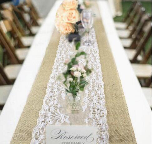 Natural Burlap Table Runner Hessian Vintage Tablecloth Cover with Jute Lace Rose Pattern for Wedding Festival Event Table Decoration