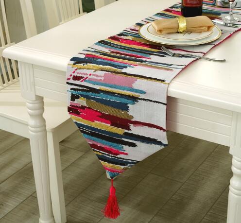 Free Shipping Fashion Modern Table Runner Colorful Nylon Jacquard Runner Table Cloth With Tassels Cutwork Embroidered Table Runner