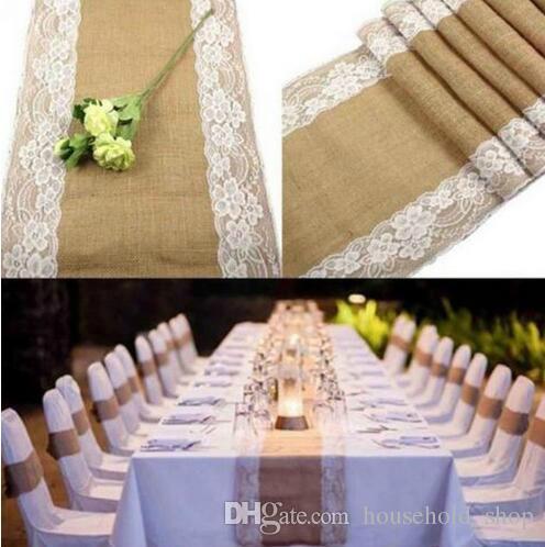 Vintage Burlap Lace Table Runner Jute Tablecloth Wedding Decor Table Cover for Party Home Decor Table Decoration