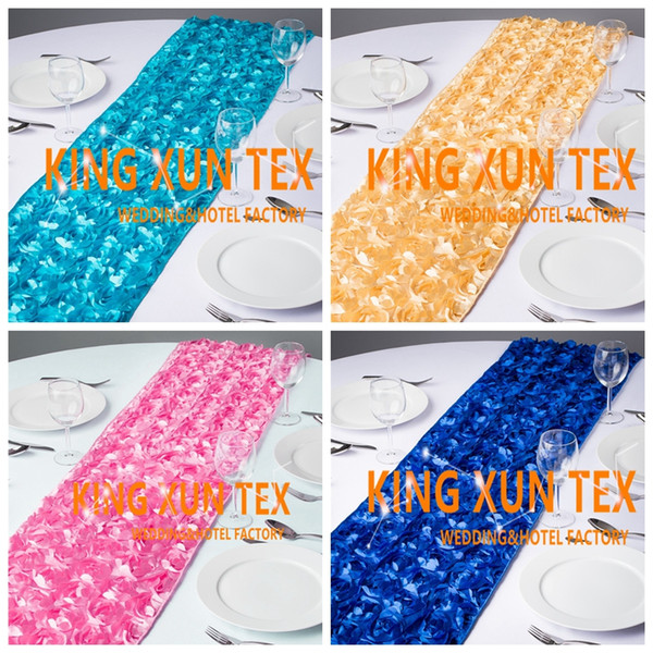 Hot Sale Satin Rosette Fabric Table Runner Fit On Table Cloth For Wedding And Event Decoration