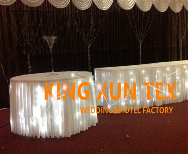 White Color Ice Silk Table Skirt With Led String Light Fit Table Cloth For Wedding And Event Decoration