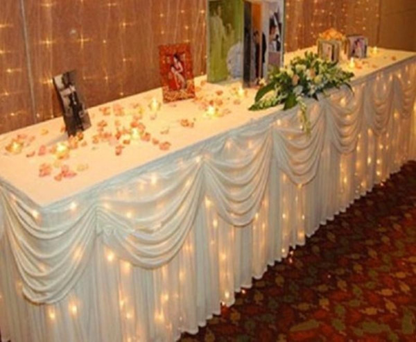 Fashion White Color Ice Silk Solid Table Skirt Wedding Table Skirting 20ft length Wedding party Decor Birthday Baby Shower supplies