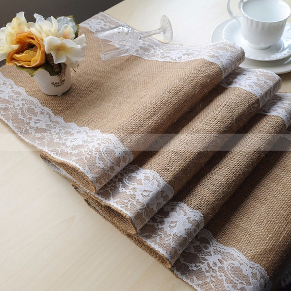 VEEYOO 5 PCS 14x108 inch Vintage Jute Burlap Hessian Lace Table Runner Linens Cover Banners for Home Wedding Party Decorations