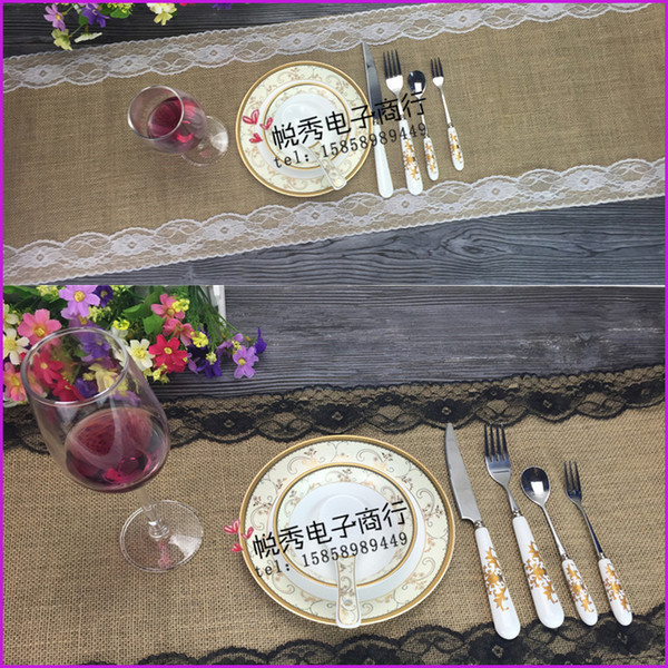 Lace Burlap Table Runner Wedding Party Table Decoration Solid Color Linen Table Runners Table Flag 30x275cm