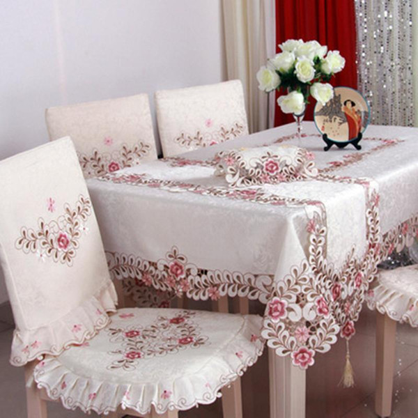 BZ320 European Luxury Polyester Embroidery Floral Tablecloth Hotel Home Wedding Party Lace Edge Table Cover Decorative Hot Sale