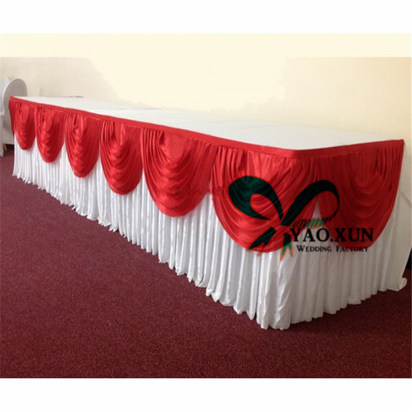 Good Looking White Color Ice Silk Table Skirt With Colorful Swags For Wedding Decoration