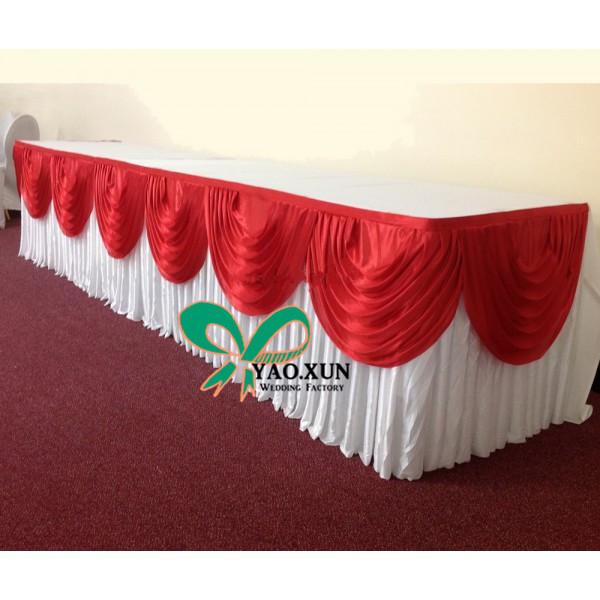 Free Shipping White Color Ice Silk Table Skirt With Red Swags For Wedding Decoration 76cm*3m