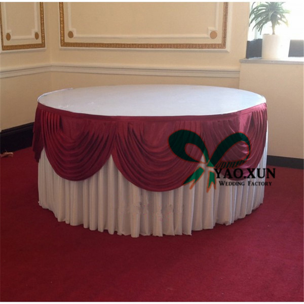 Cheap Price Round White Color Ice Silk Table Skirt With Swags For Wedding Decoration