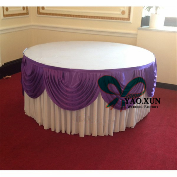 Good Looking Round White Color Ice Silk Table Skirt With Swags For Wedding Decoration