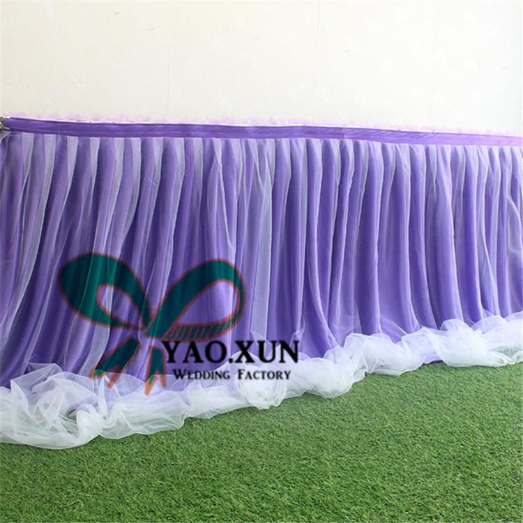 Hot Sale Ice Silk Table Skirt With Organza Swag Drape Decoration \ Cheap Wedding Table Skirting