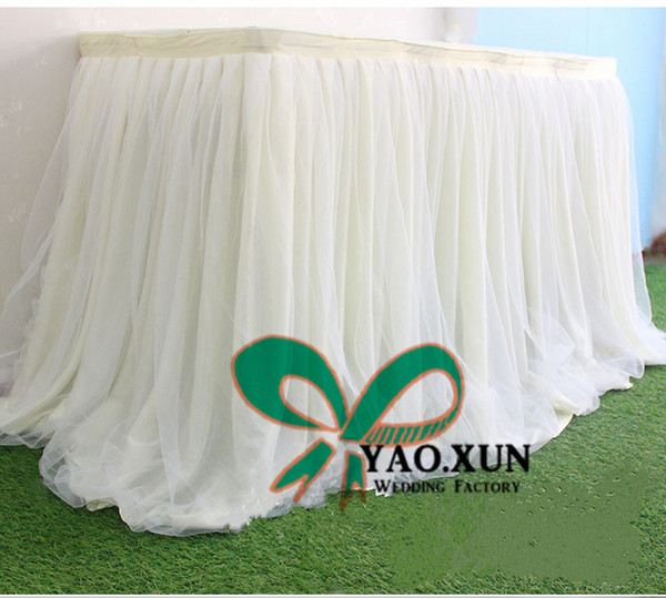 Good Looking Ice Silk Table Skirt With Organza Swag Drape Decoration \ Cheap Wedding Table Skirting