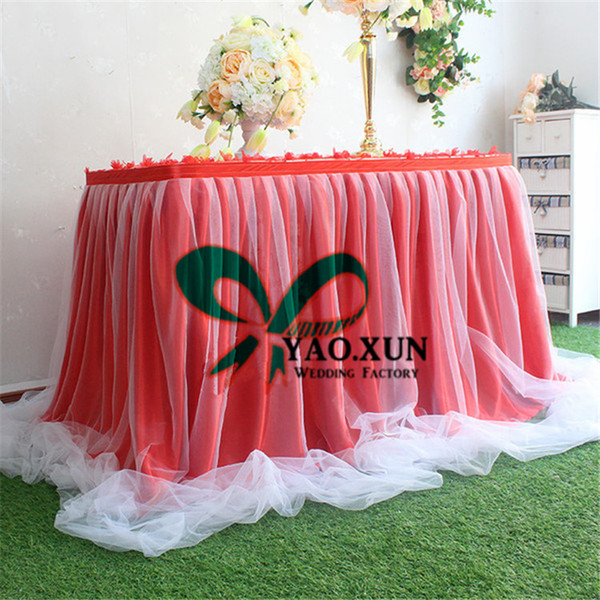 Factory New Design Ice Silk Table Skirt With Organza Swag Drape Decoration \ Cheap Wedding Table Skirting