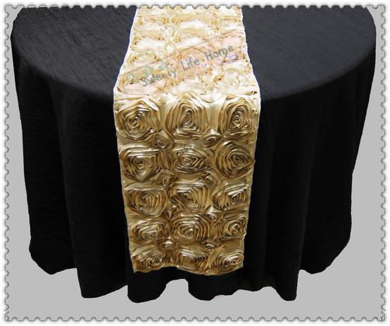 Hot Sale 100%Polyester 12''x108'' 3D Rosette Table Runner Gold color Satin Rosette Embroidered Runners For Wedding Party