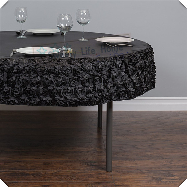 Free shipping Cheap 3D Black Satin Rosette table cloths with Black spandex table cover 57inch Round tablecloth