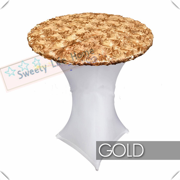 Free shipping Pure white spandex with Gold Satin Rosette table cover Lycra Cocktail table cover/Strech table cloths 10pcs 60cm*110cm