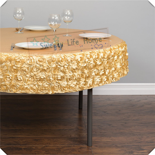 10PCS 180cm diameter Satin Rosette table cloths Elastic table cover Round Gold tablecloth Banquet Spandex table spread