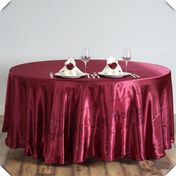 Nice Looking Wholesale price 10pcs 120ich Polyester satin tablecloths Burgundy Round table Covers Banquet table spread many color can choose