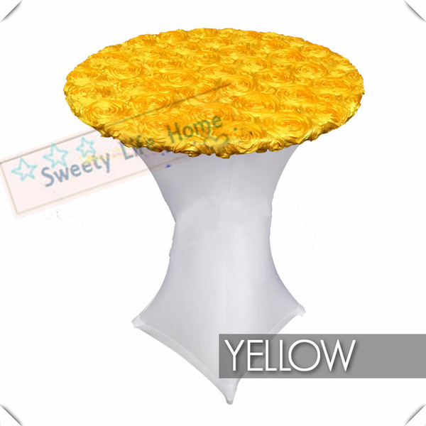 Free shipping Pure white spandex with Yellow Satin Rosette table cover Elastic Cocktail table cover/Banquet table cloths 10pcs 80cm*110cm