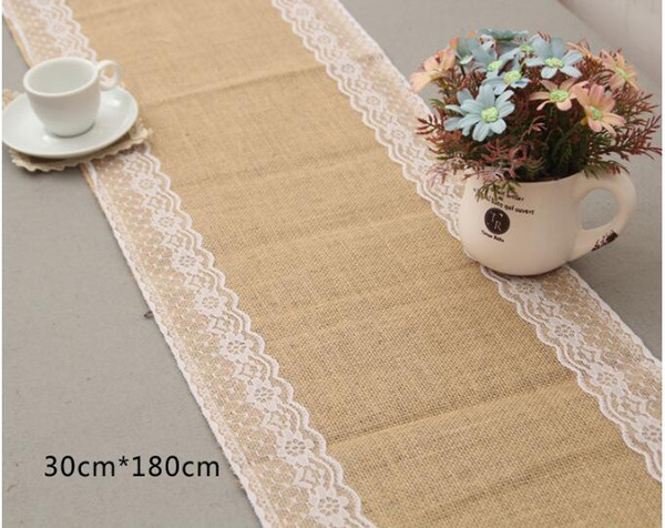 1PCS 30cm*180cm Vintage Burlap Lace Hessian Table Runner Natural Jute Wedding Party Decoration Home supplies