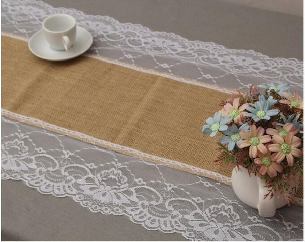 .1PCS 45cm*275cm Vintage Burlap Lace Hessian Table Runner Natural Jute Pastoral style Wedding Home Party Decoration