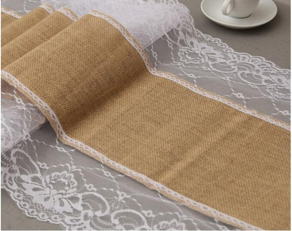 1PCS 45cm*275cm Vintage Burlap Lace Hessian Table Runner Natural Jute Pastoral style Wedding Home Party Decoration