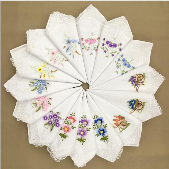 New arrivel 12pcs/lots ladies handkerchief embroidery 100% cotton white handkerchief lace 60 branch 28*28cm wedding gift