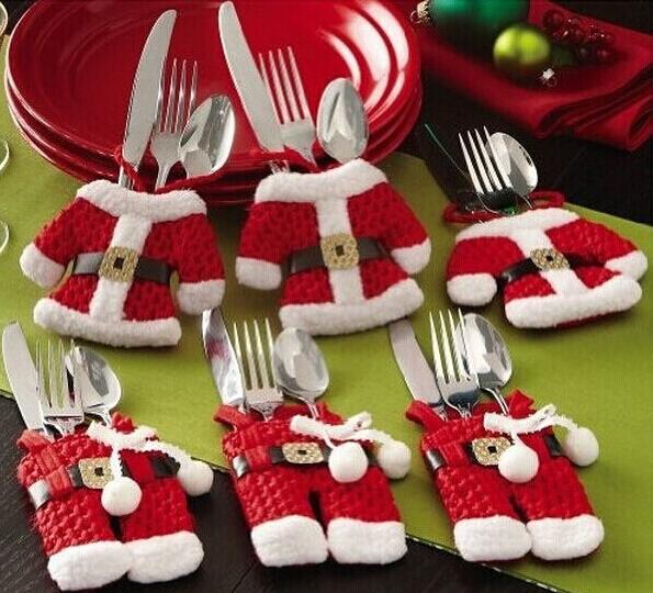 wholesale Handmade Lovely Clothes Pants Shaped Christmas navidad Cutlery Suit Silverware Holder Knives and Forks Pockets 2Pcs/Set