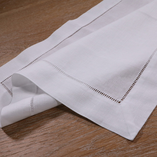 N002-18: 12 Piece White Hemstitch Dinner Napkins - 55/45 Linen Cotton Blend - 18