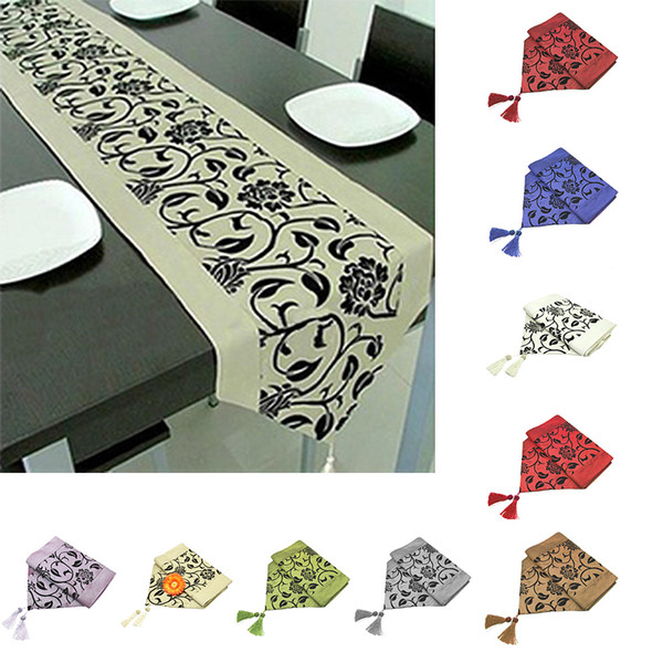 Flora Flower Blossom Flocked Damask Hotel Restaurant Table Runner Cloth